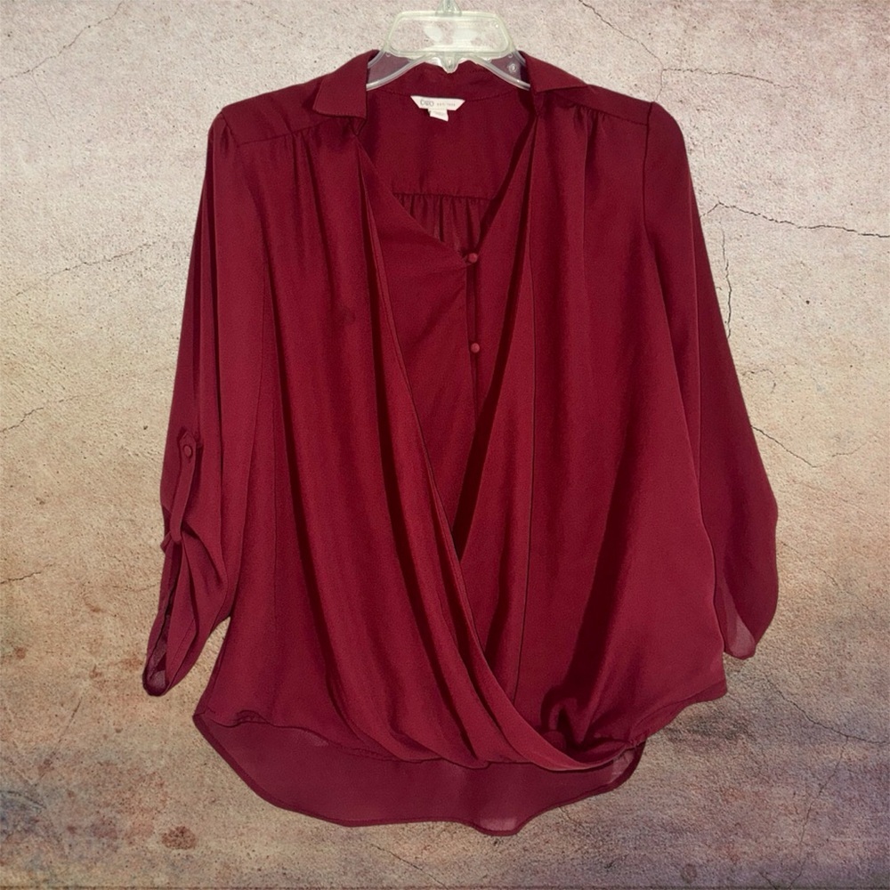 Cato Burgundy Draped Fax Wrap Surplice Blouse with Collar and Buttons S